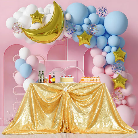 PartyDelight exhibition display shines with durable sequin tablecloth under bright lighting