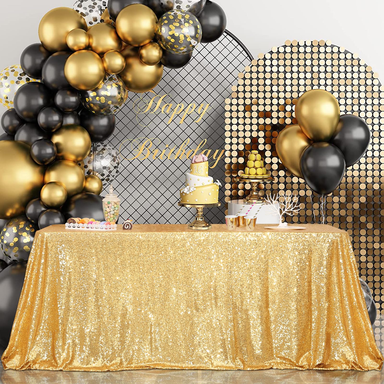 PartyDelight prom night glam with gold sequins elevates the table presentation