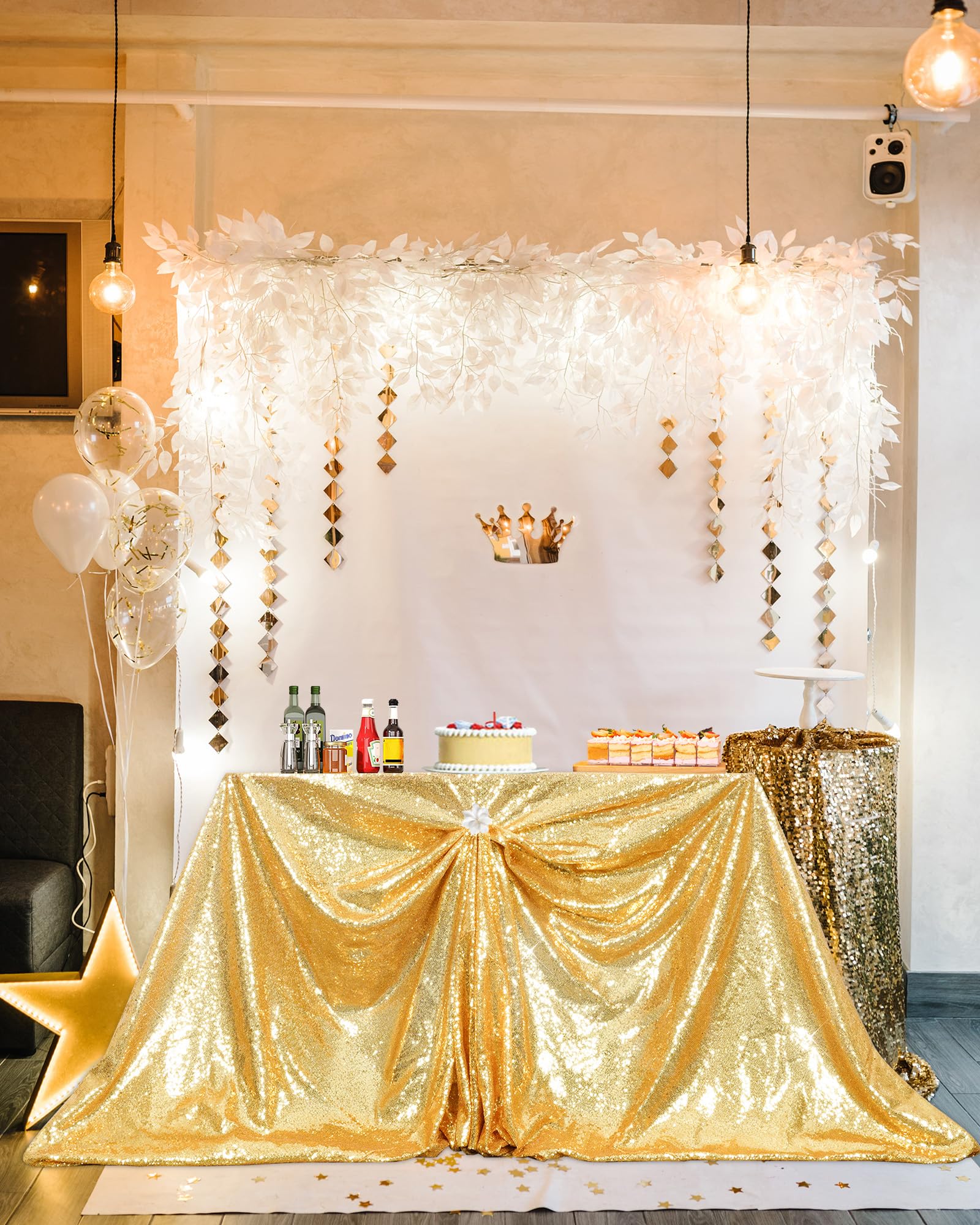 PartyDelight gold sequin tablecloth on wedding dining setup creates refined, festive ambience