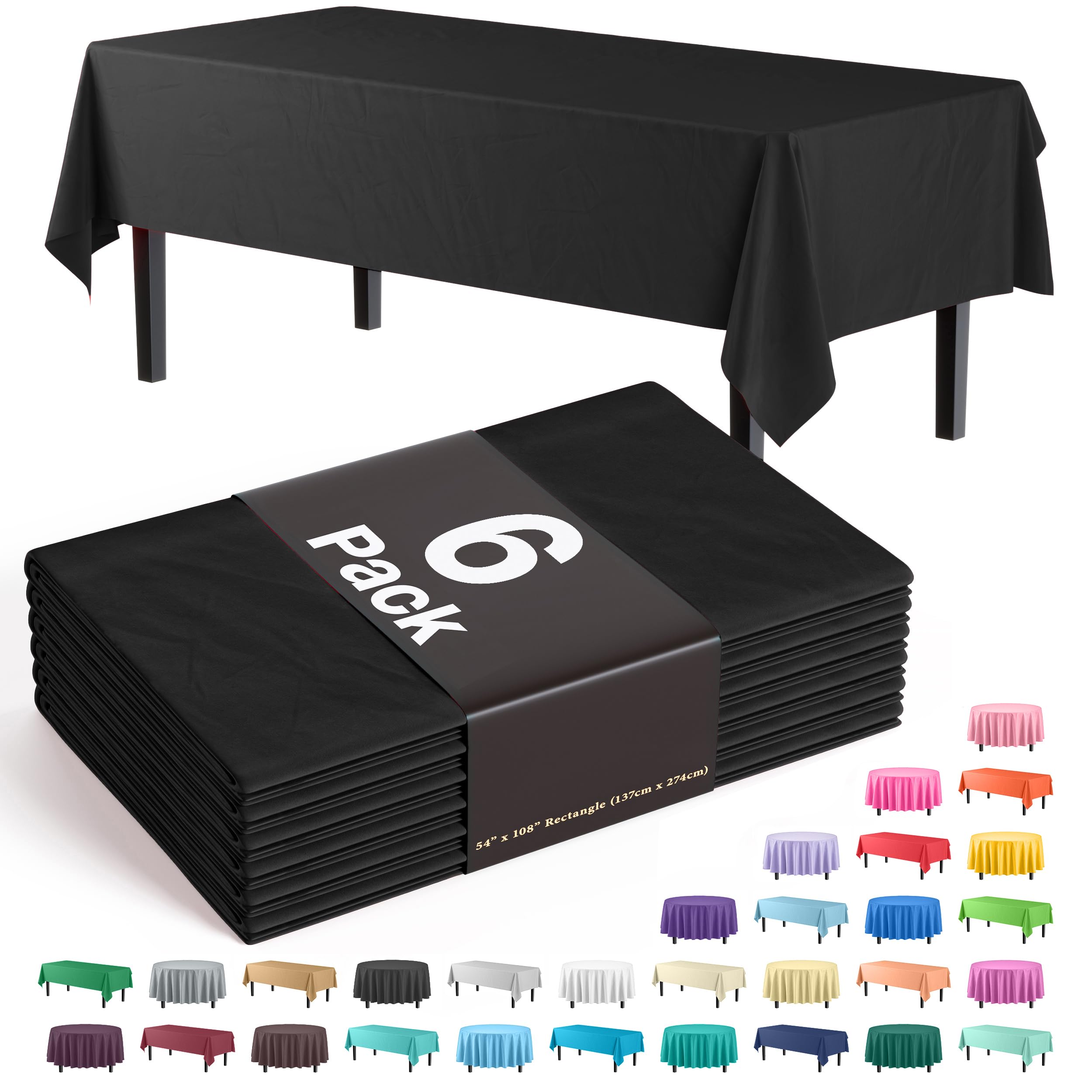 Party Solids 6-pack black 54x108 tablecloth draped over a long banquet table for events.