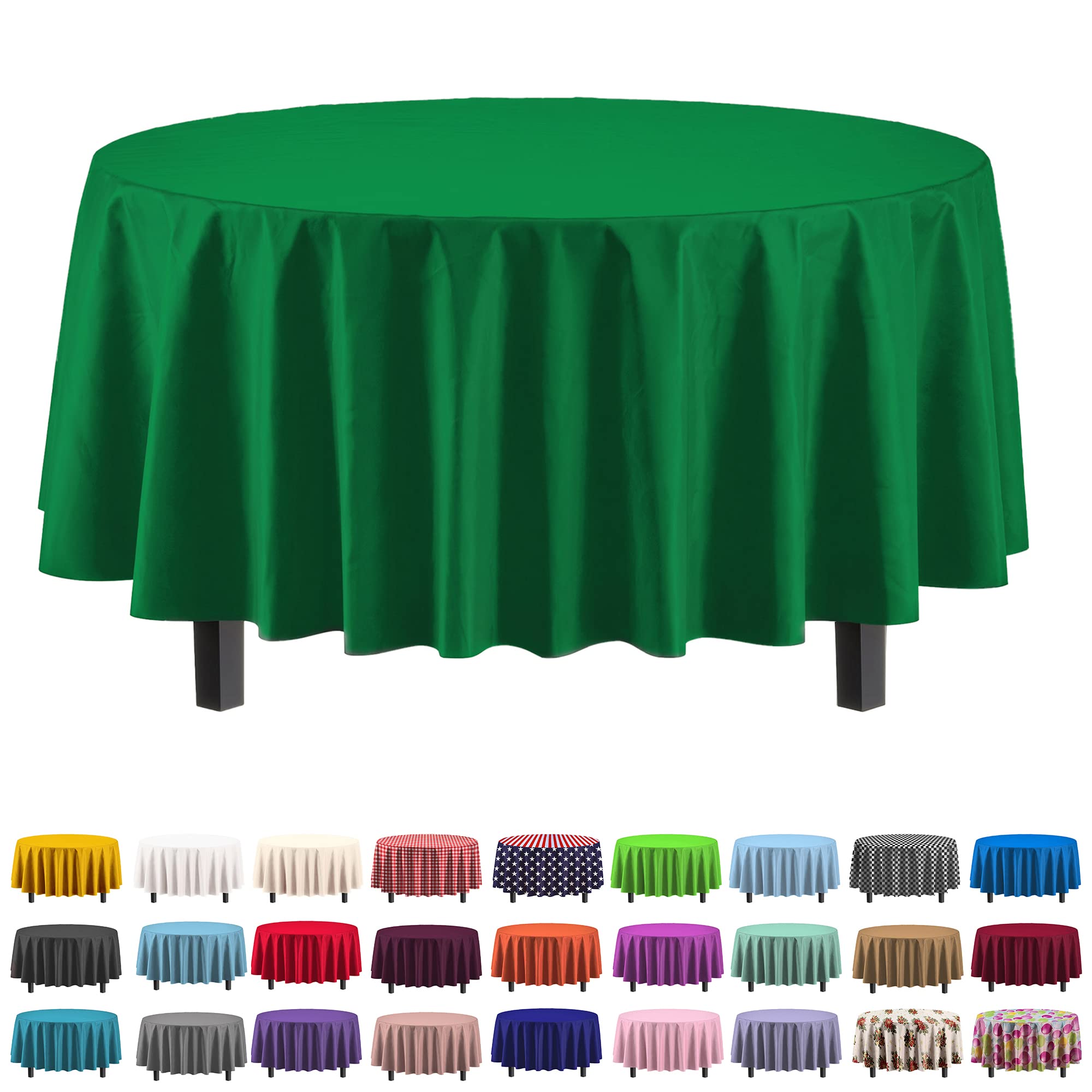 Party Solids emerald green round tablecloths protect 84-inch tables from spills.