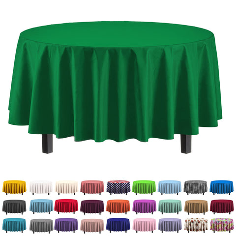 Party Solids emerald green round tablecloths protect 84-inch tables from spills.