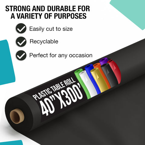 Party Solids Exquisite Black Rectangle Tablecloth Roll ready for quick cleanup after events.