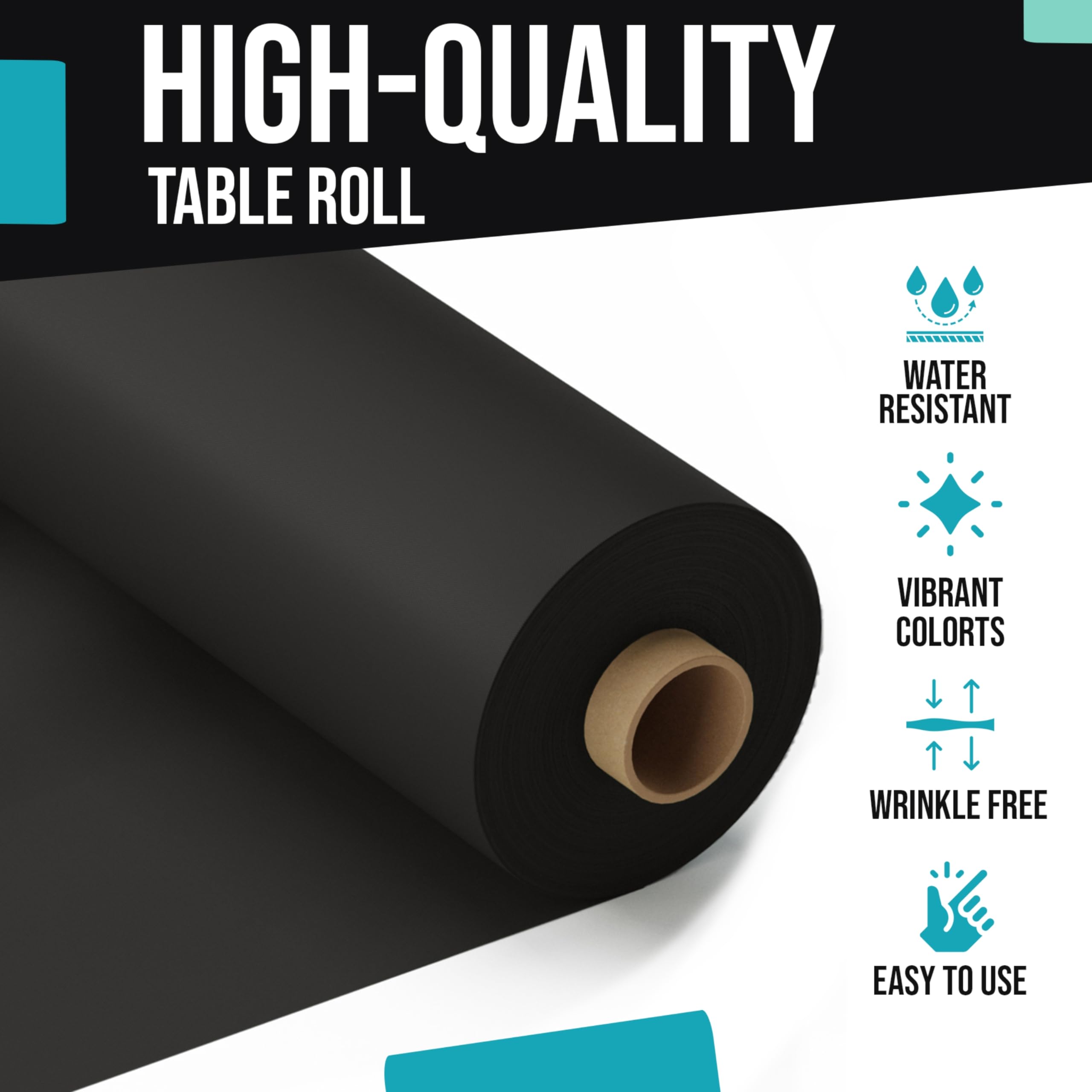 Party Solids Exquisite Black Rectangle Tablecloth Roll used for outdoor picnics to manage mess.