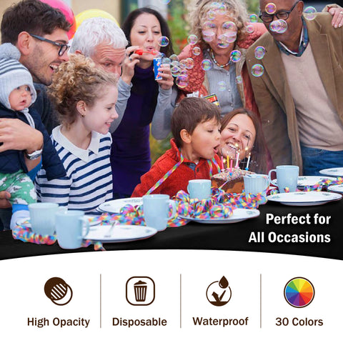 Party Solids high-opacity black tablecloth hides table details for a clean look.