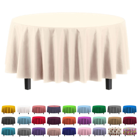Party Solids ivory 84in round tablecloth covering a banquet table for a clean look