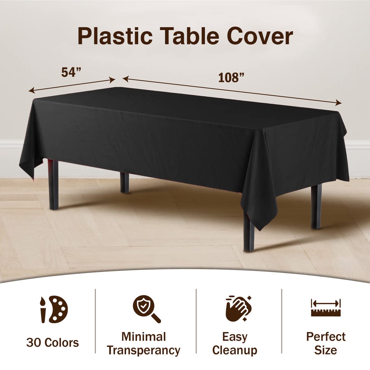 Party Solids premium heavy-duty plastic tablecover in use at a catered setup.