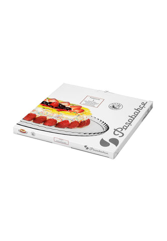 Pasabahce Patisserie cake plate side view, dishwasher safe for easy cleanup.