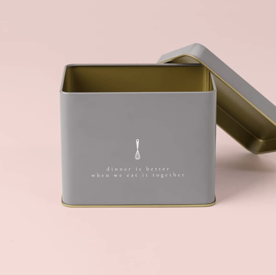 Passionate Penny Pincher recipe tin grey with gold interior adds luxe touch for recipes.