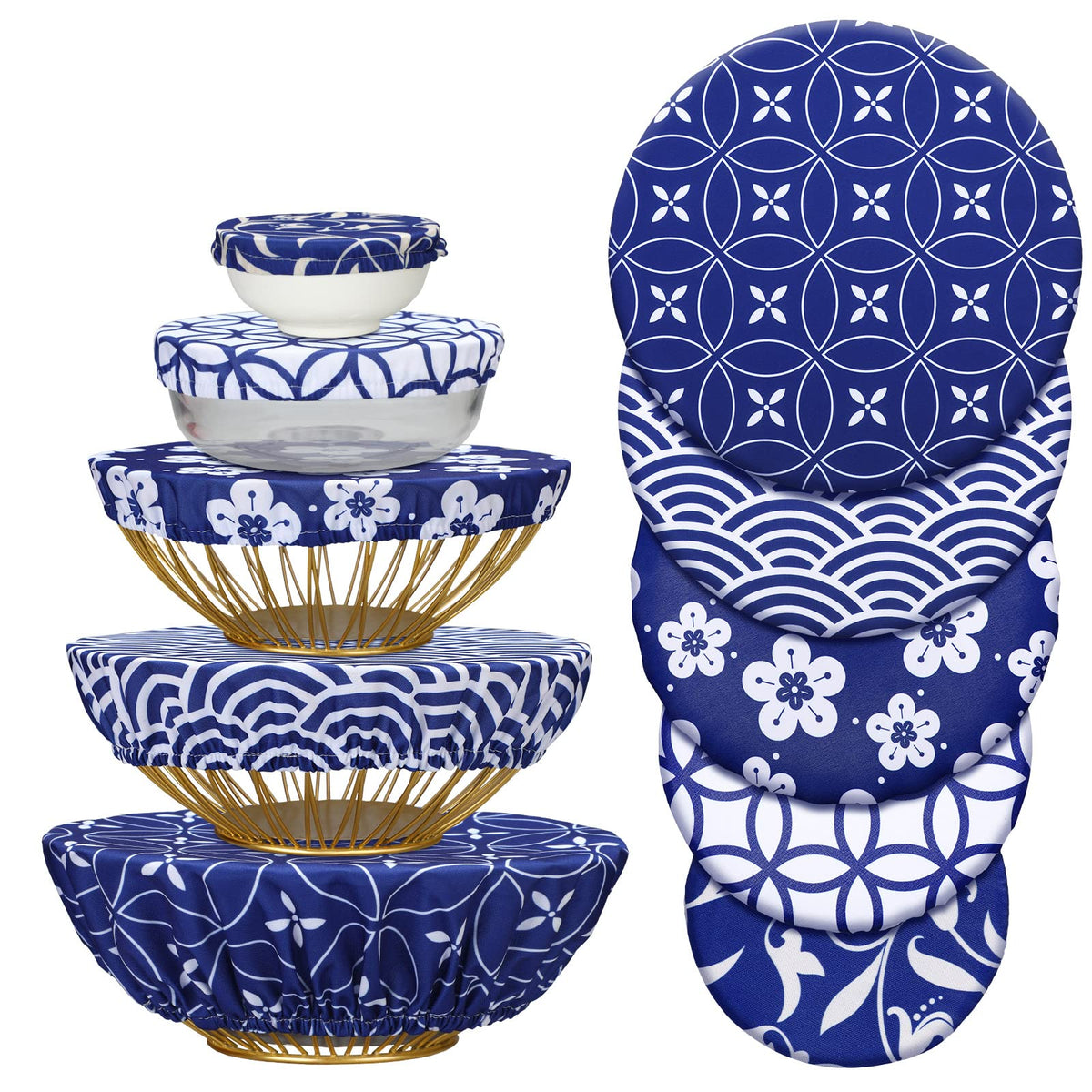 Patelai bowl covers in blue-white pattern protect leftovers and keep moisture in.