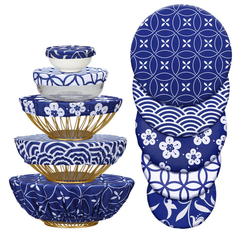 Patelai bowl covers in blue-white pattern protect leftovers and keep moisture in.