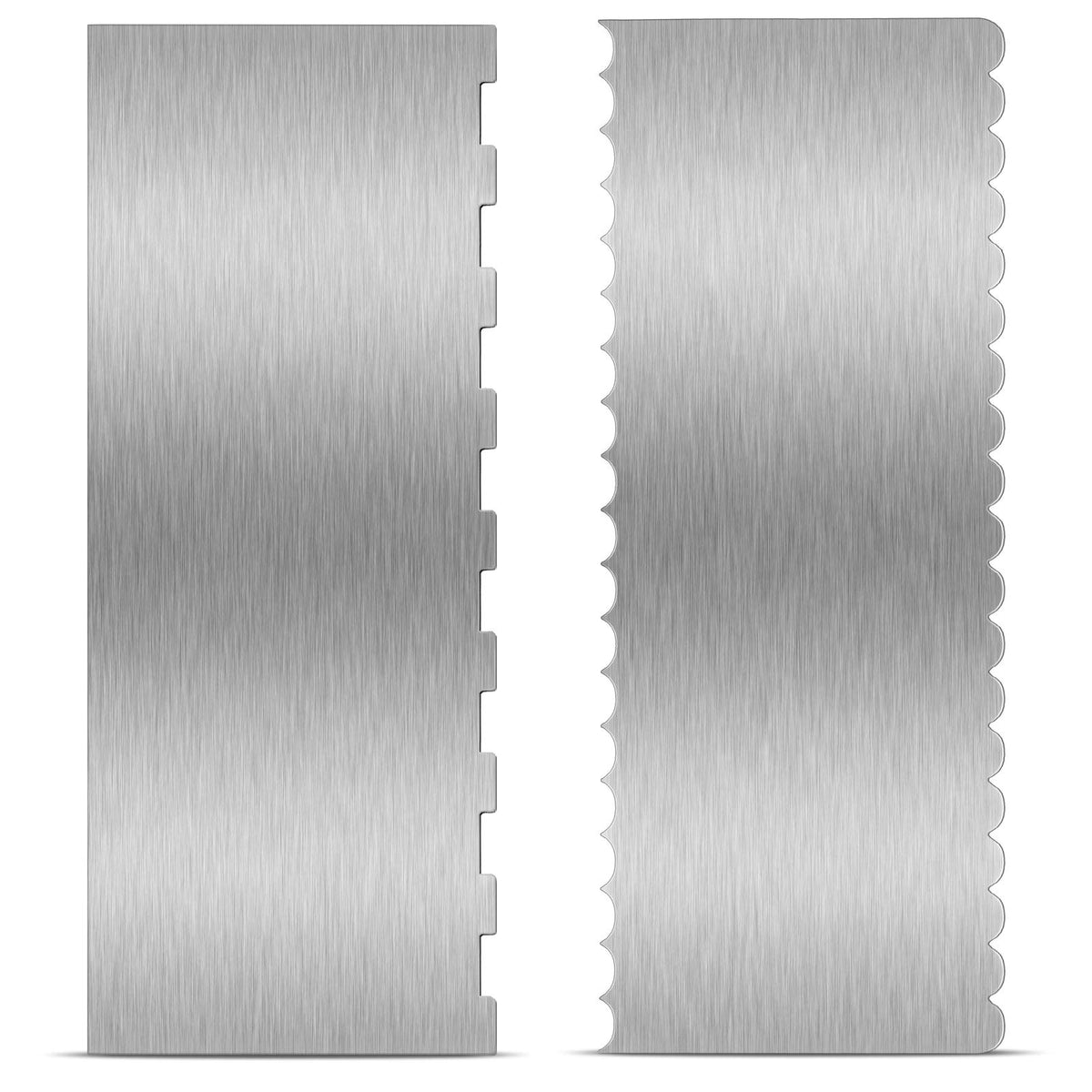 Patelai cake scraper double-sided edge for buttercream smoothing on cakes.