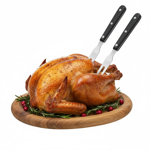 Patelai carving forks in use at barbecue scene for steady meat transfer