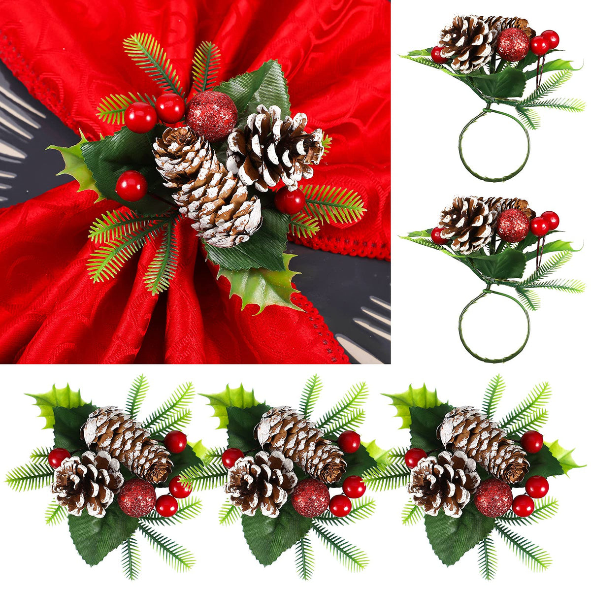 Patelai Christmas pinecone napkin ring set of 6 with berries for festive table decor