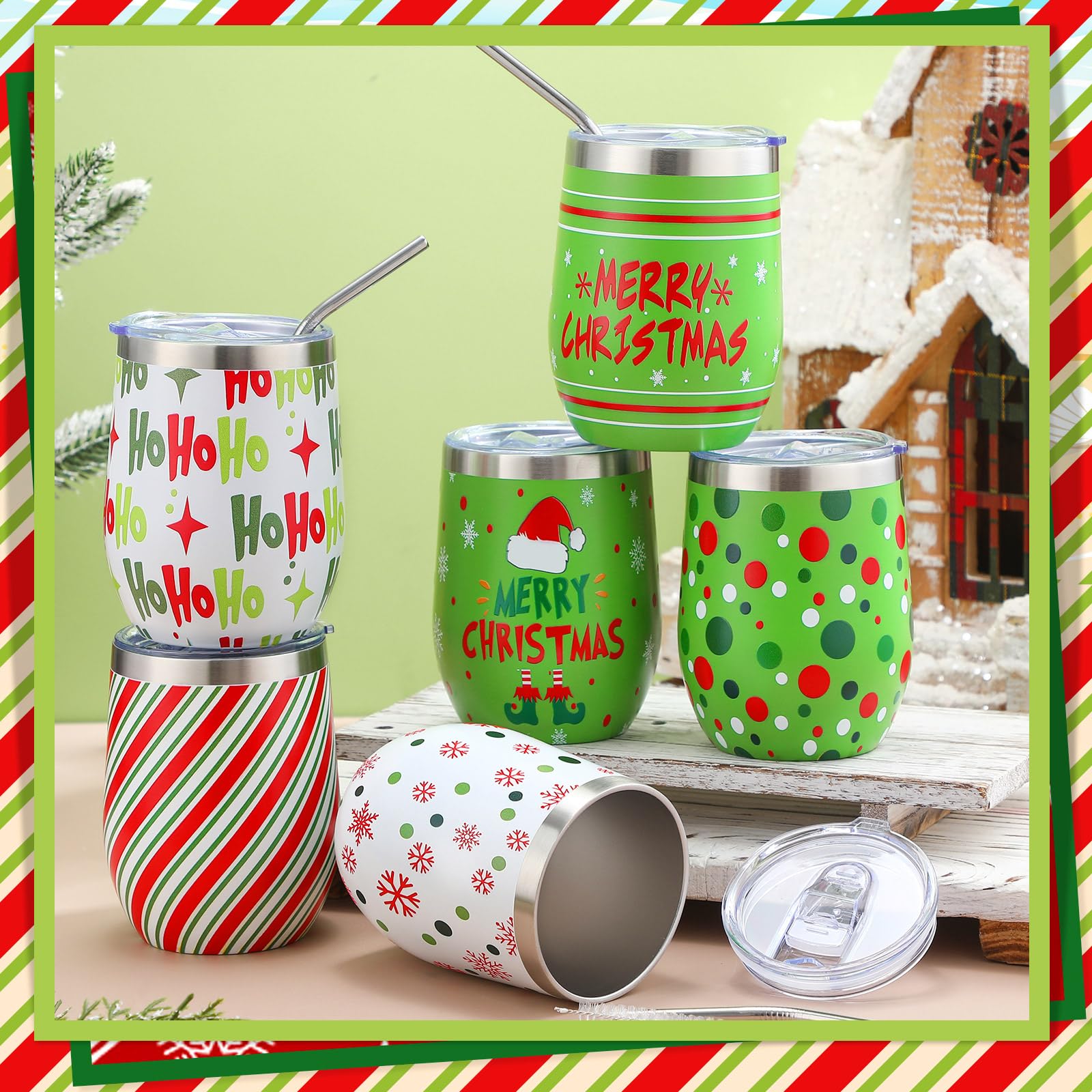 Patelai lime green Christmas wine tumbler pattern 5, easy to clean with brushes