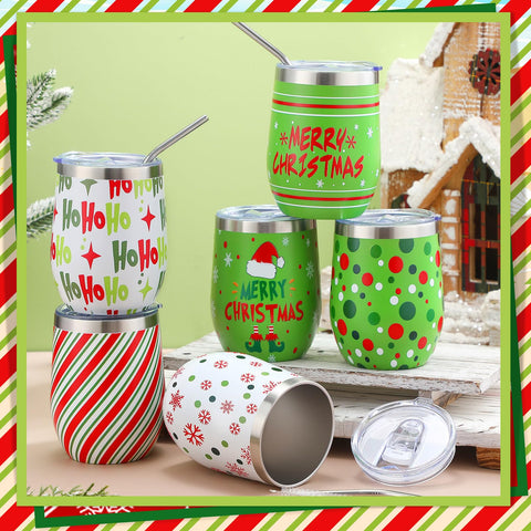 Patelai lime green Christmas wine tumbler pattern 5, easy to clean with brushes