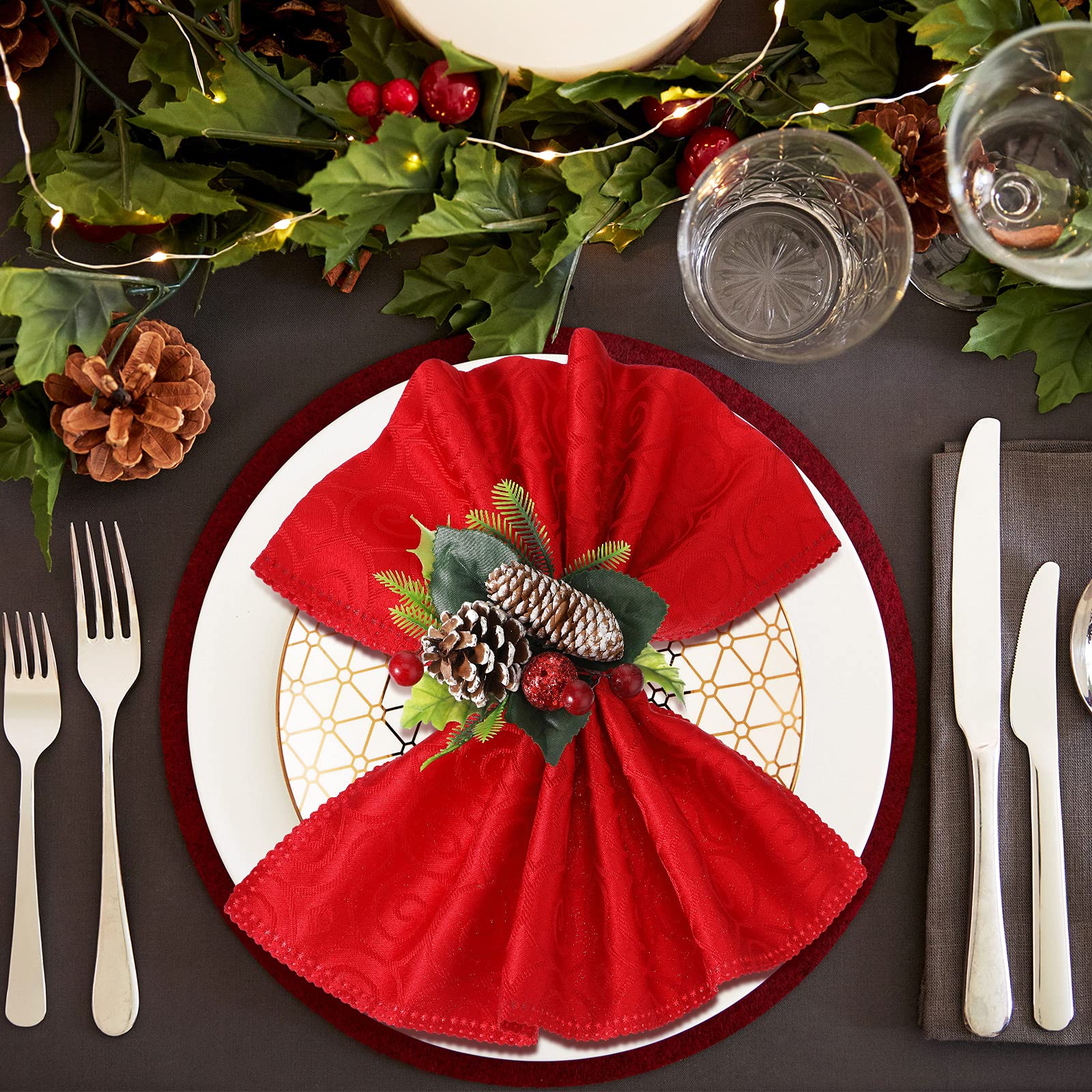 Close-up of berries and leaves on Patelai napkin ring for festive flair