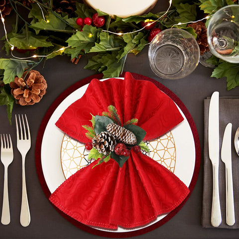 Close-up of berries and leaves on Patelai napkin ring for festive flair