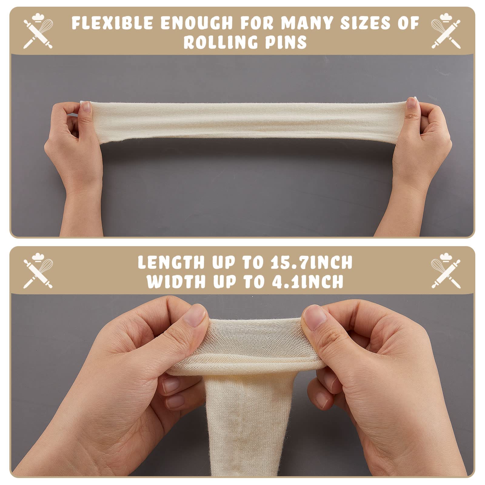 Patelai rolling pin cover demonstrates 5 cm diameter fit for most pins.
