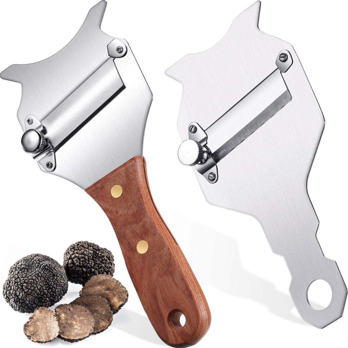 Patelai truffle slicer with rosewood handle offers precise, delicate shavings.
