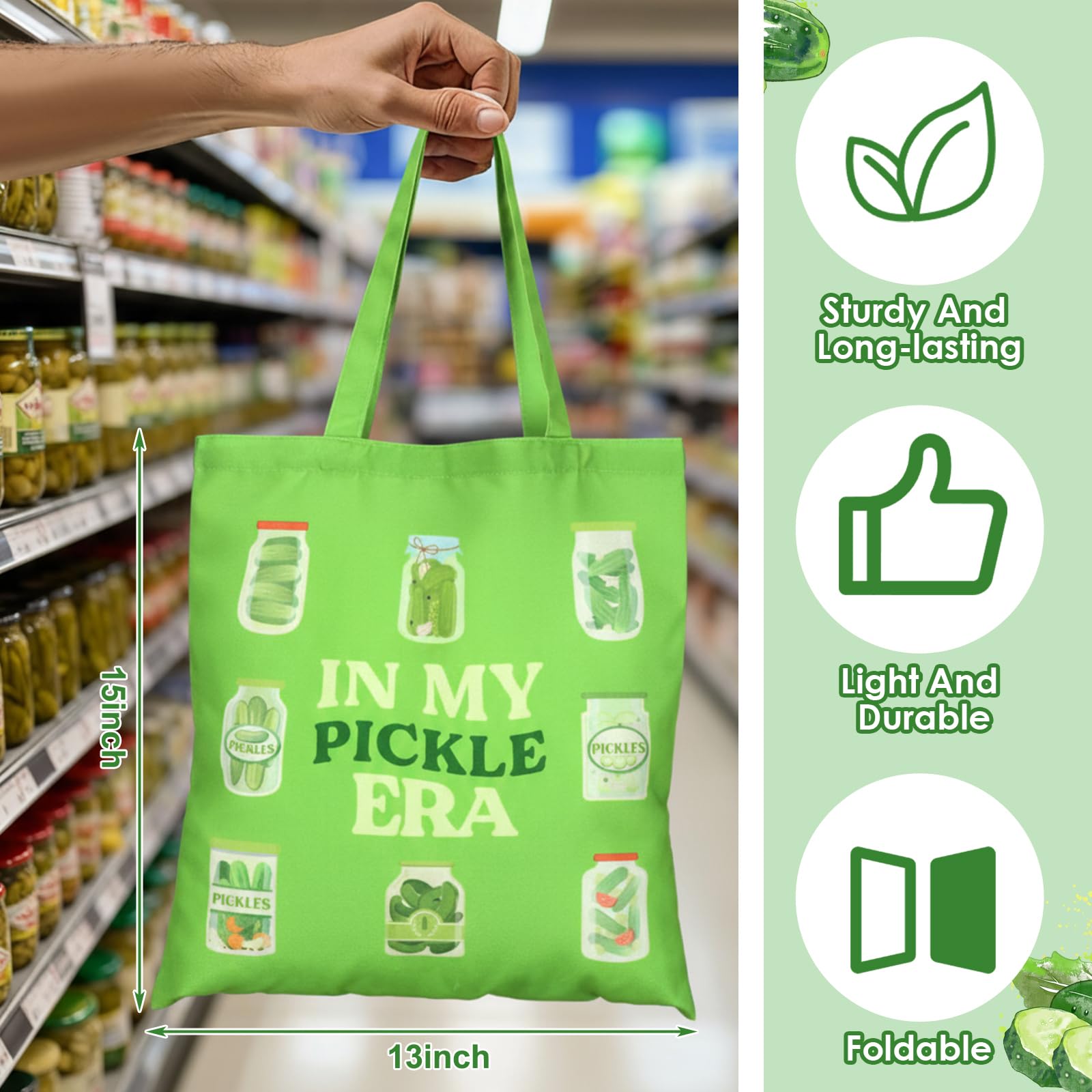 Paterr pickle tote bag featuring kimchi jar art as a conversation starter.
