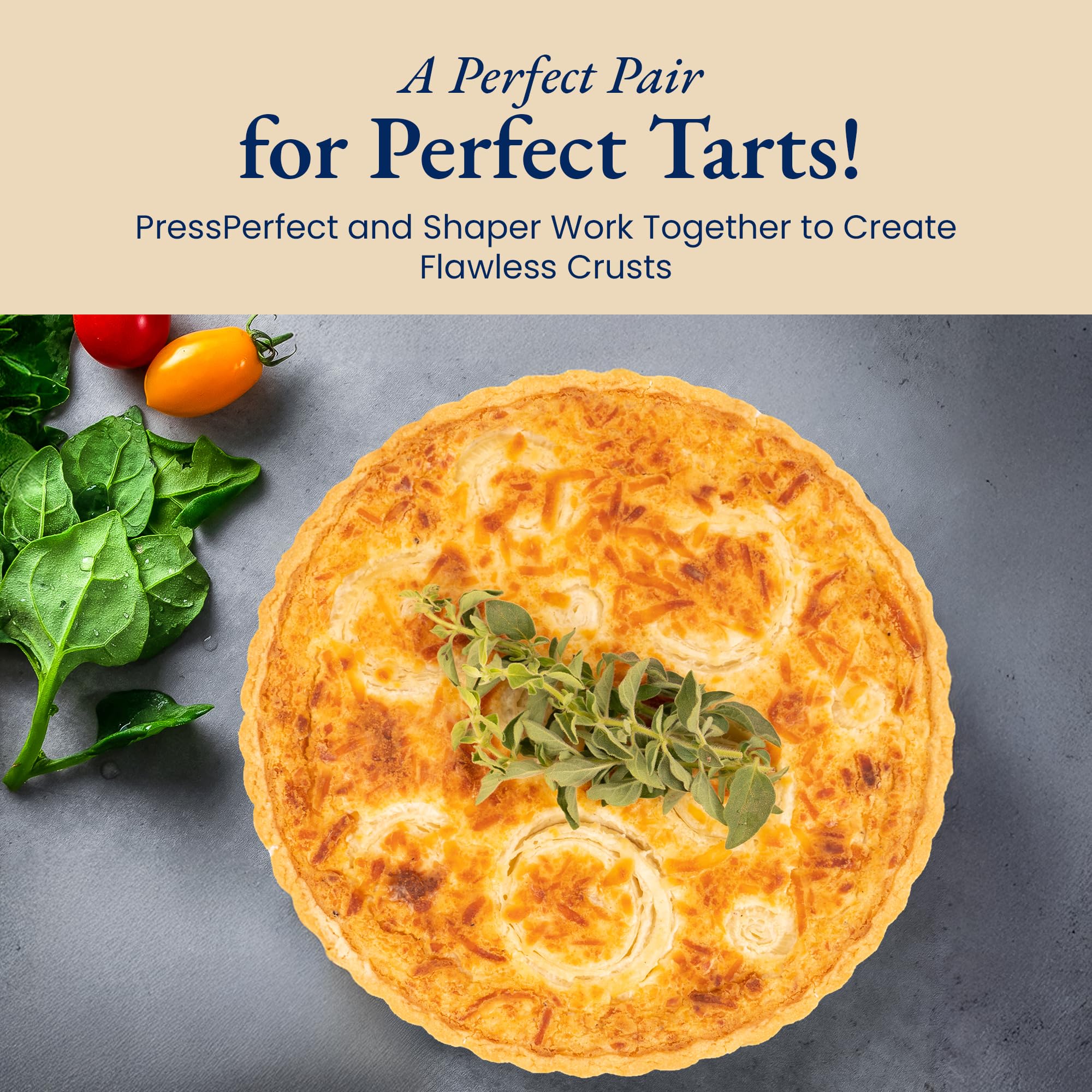 Patz&Patz silicone crust shaper shown to press crust evenly.