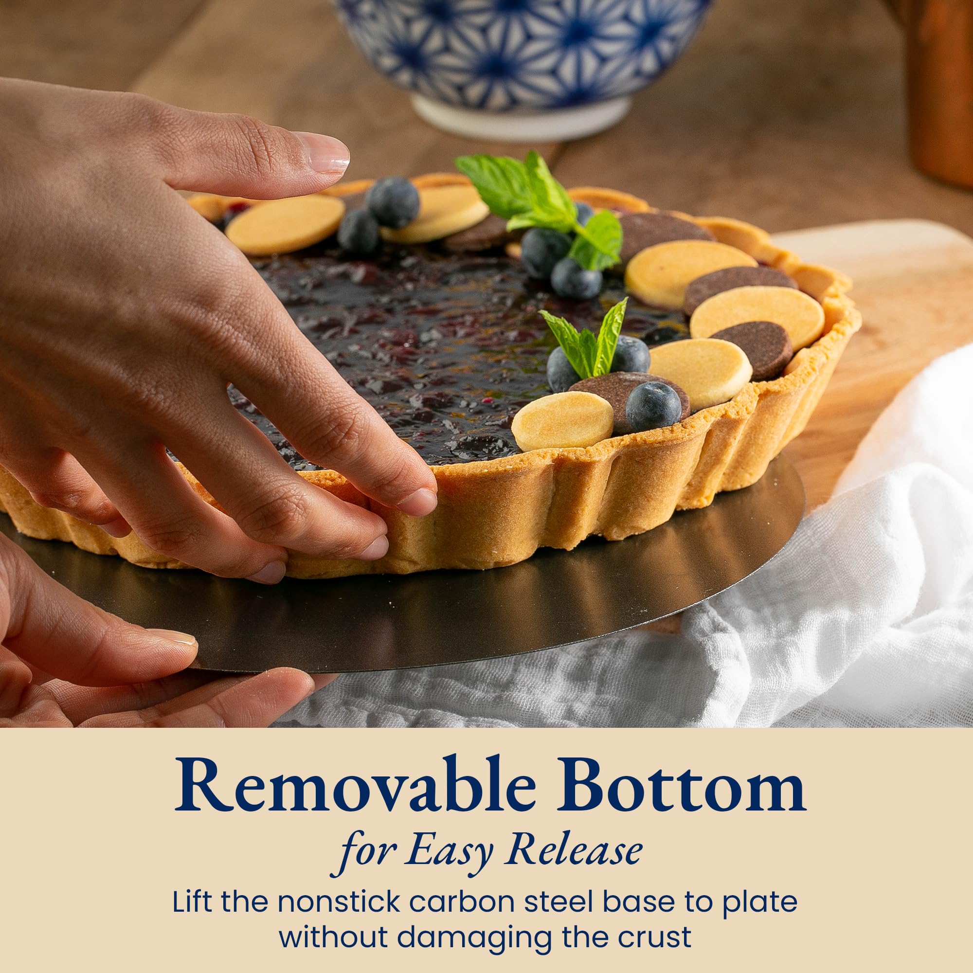 Patz&Patz removable-bottom tart pan enables clean release without cracking crust.
