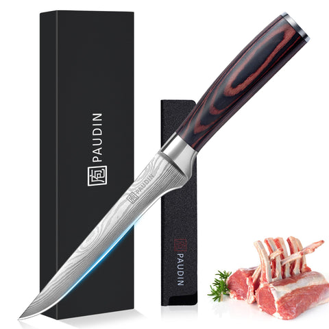 PAUDIN 6-inch boning knife blade close-up for precise deboning and trimming.