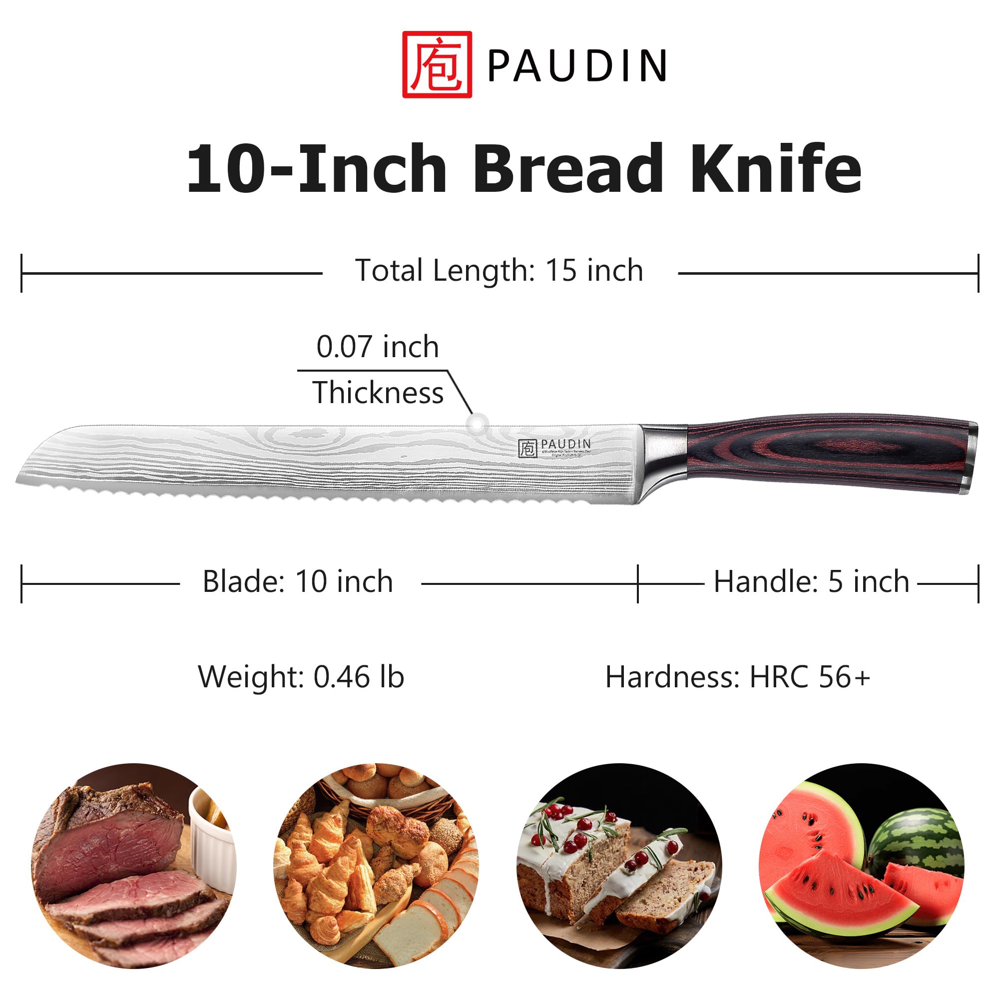 PAUDIN bread knife ergonomic handle provides a secure grip for precise slicing.