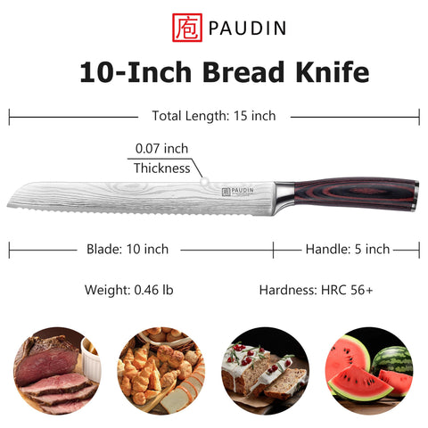 PAUDIN bread knife ergonomic handle provides a secure grip for precise slicing.
