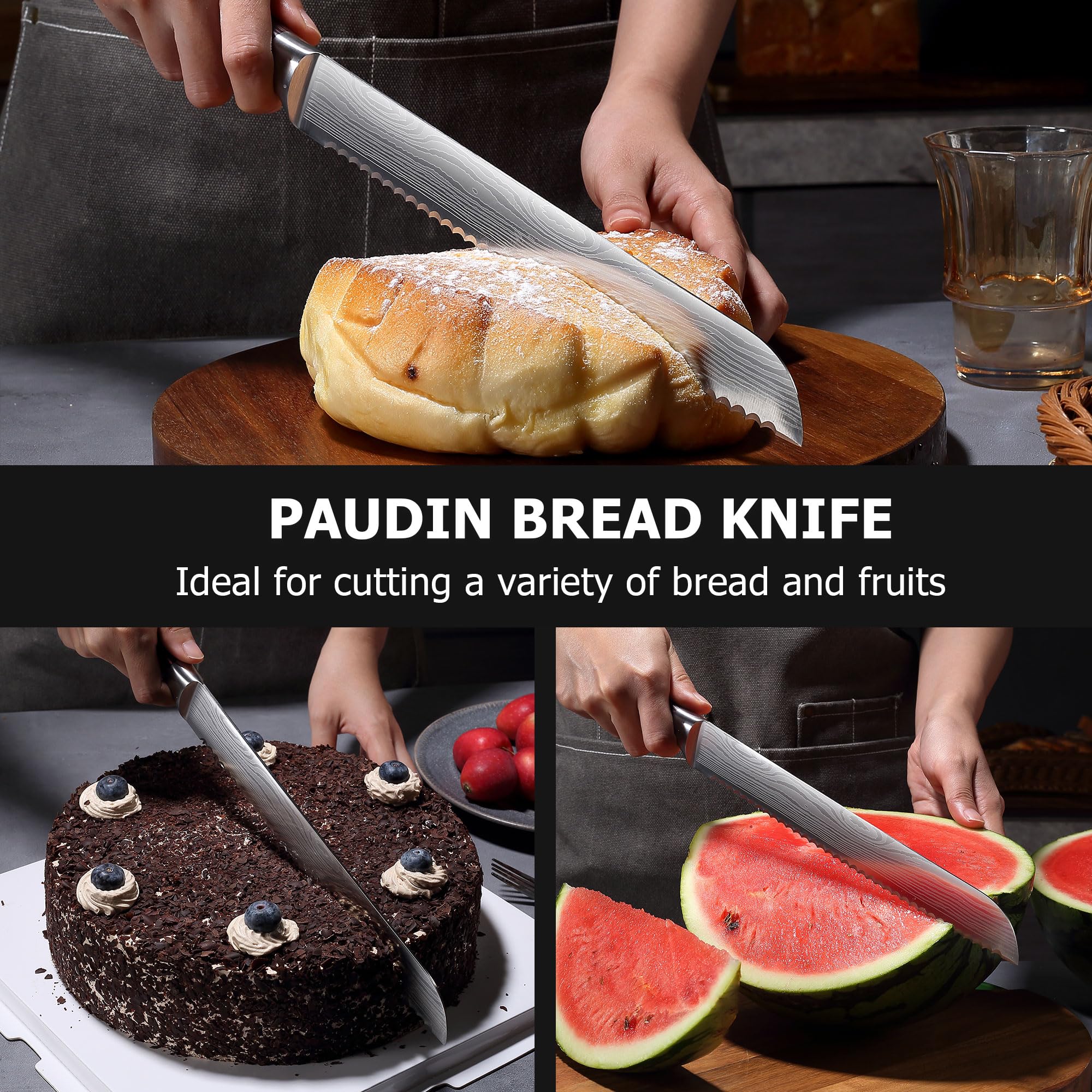 PAUDIN razor-sharp serrations glide through crusts and soft centers with minimal effort.