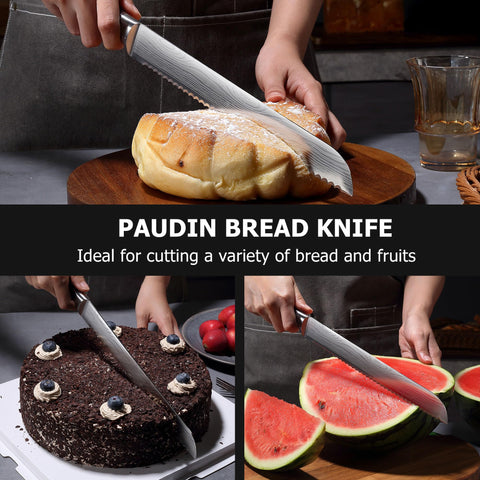 PAUDIN razor-sharp serrations glide through crusts and soft centers with minimal effort.
