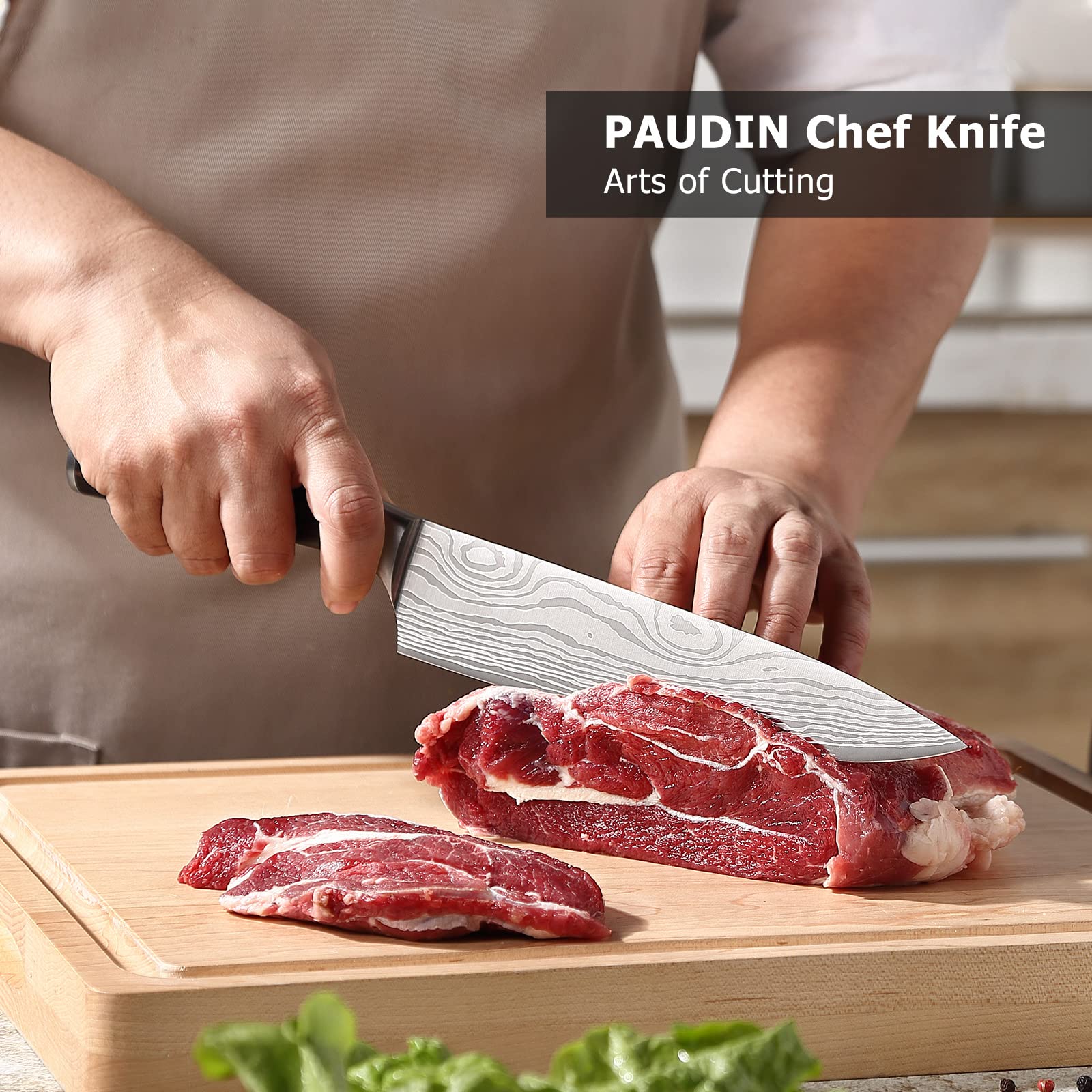 PAUDIN 8in knife cutting vegetables on board demonstrates versatile prep
