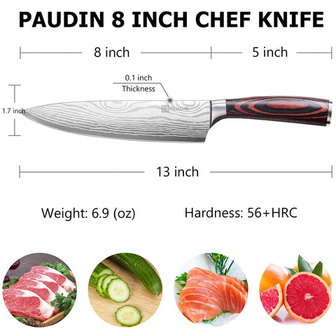 PAUDIN 8in chef knife full view suitable for home cooks and professionals