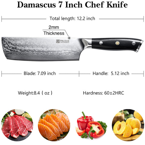 PAUDIN Nakiri knife 7inch with 67-layer Damascus pattern for visual appeal and durability