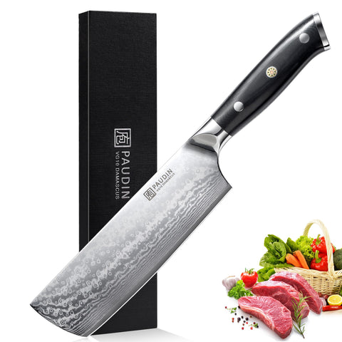 PAUDIN Nakiri knife 7inch Damascus blade close-up for precise vegetable prep