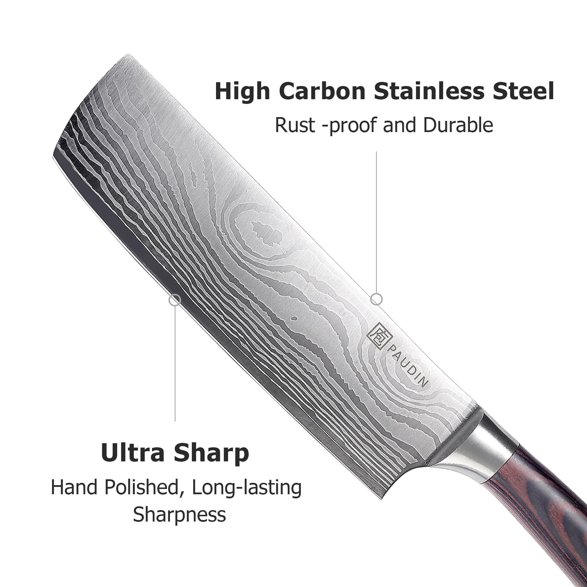 Close-up of PAUDIN blade grind showing sharp, resilient edge for food prep.