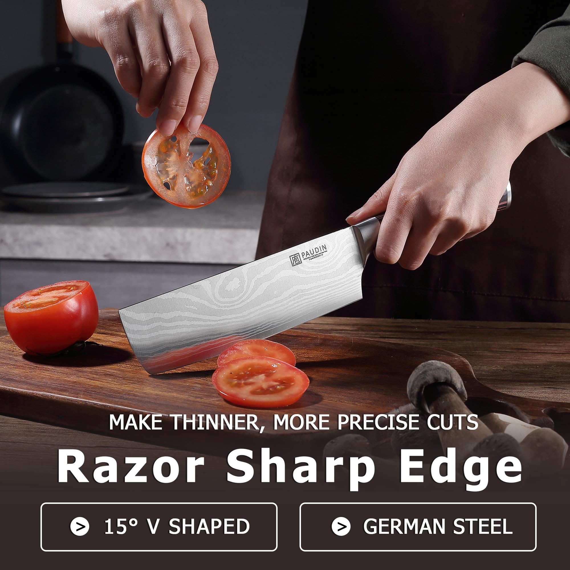 PAUDIN ergonomic handle offering comfortable grip during heavy chopping.