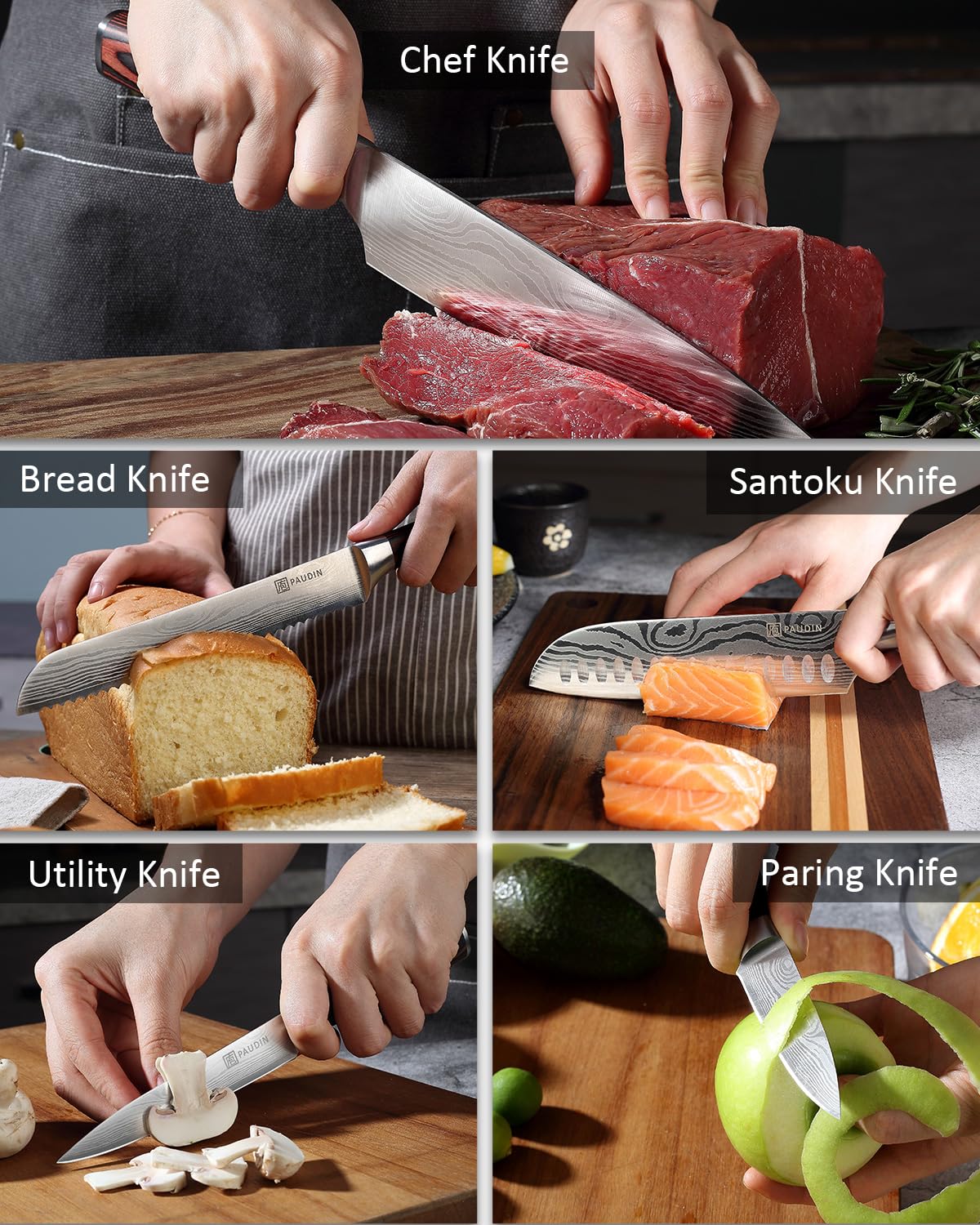 PAUDIN pakkawood handle close-up shows ergonomic, non-slip grip.