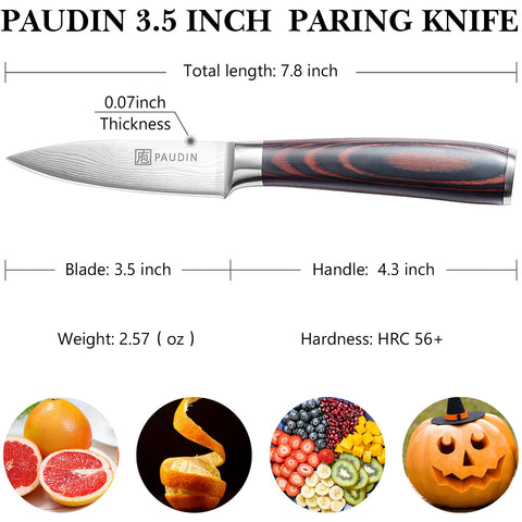 PAUDIN paring knife with ergonomic pakkawood handle in hand