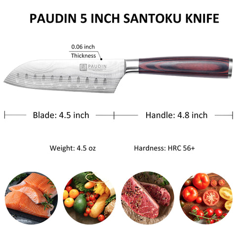 PAUDIN Santoku knife 5-inch blade closeup shows a sharp edge for precise slicing.