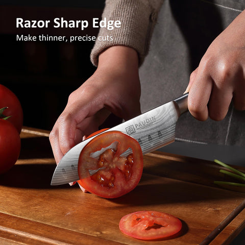 PAUDIN Santoku knife 5-inch chopping vegetables demonstrates controlled, smooth cuts.
