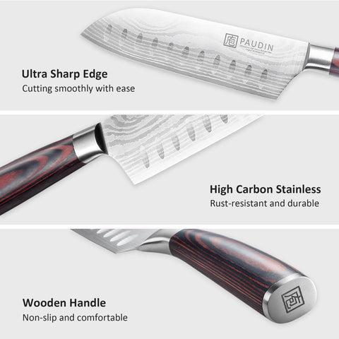 PAUDIN Santoku knife 5-inch edge polished for durable, long-lasting performance.