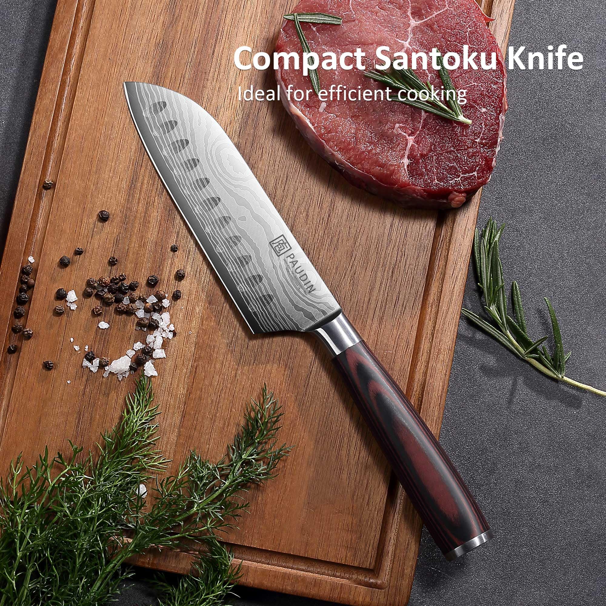 PAUDIN Santoku knife 5-inch ergonomic handle reduces wrist tension during prep.