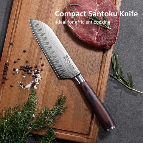 PAUDIN Santoku knife 5-inch ergonomic handle reduces wrist tension during prep.