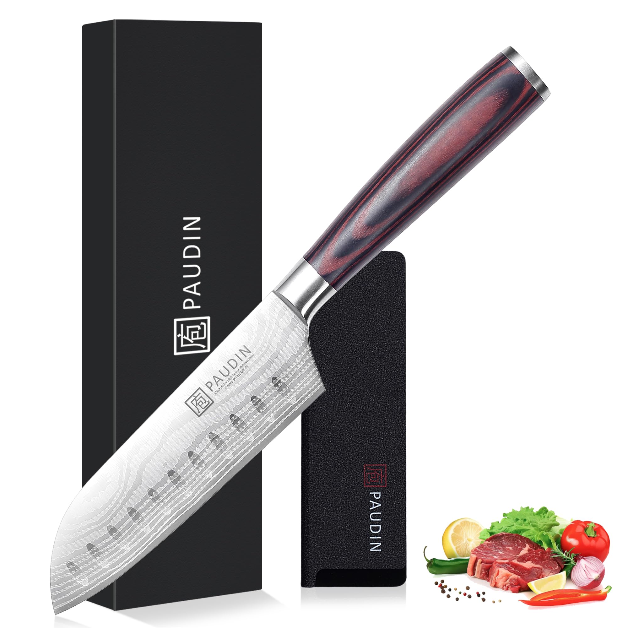 PAUDIN Santoku knife 5-inch full with sheath highlights premium craftsmanship and ready-to-gift presentation.