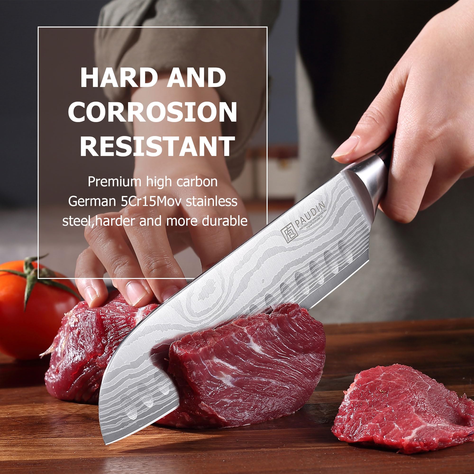 PAUDIN Santoku Knife 7-Inch balanced design reduces wrist strain during prep.