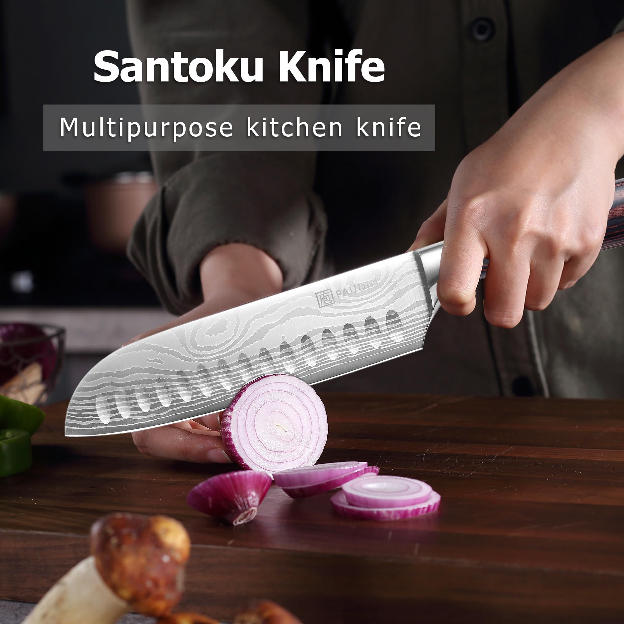 PAUDIN Santoku Knife 7-Inch perfect for bread slicing and mincing tasks.