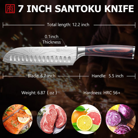 PAUDIN Santoku Knife 7-Inch ergonomic pakkawood handle provides comfortable grip.