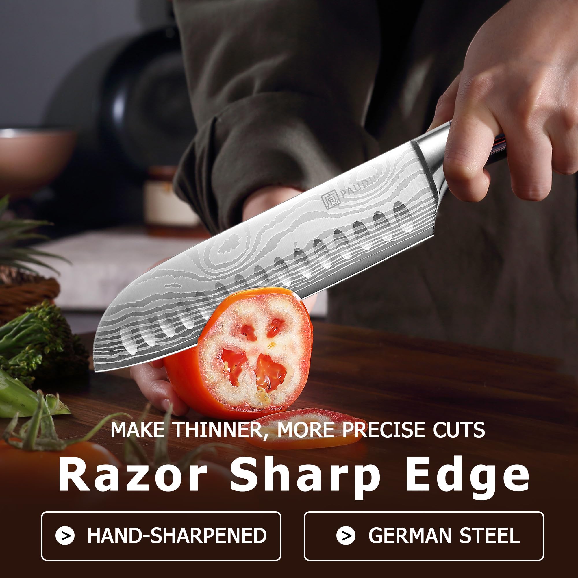 PAUDIN Santoku Knife 7-Inch forged high-carbon German steel resists rust.